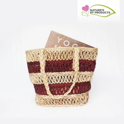 Handwoven Jute Totte Bag : Brown and Biege Stripes Design : Size 18x12 inches