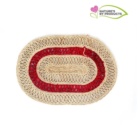 Handwoven Jute Door Mat in Red and Biege Jute Fibers Oblong Shaped 20x 13.5 Inch