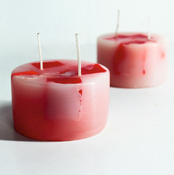 SHORT PILLAR (Red Tint + Cubes) Candle Set of 2 with 2 Burning Plates
