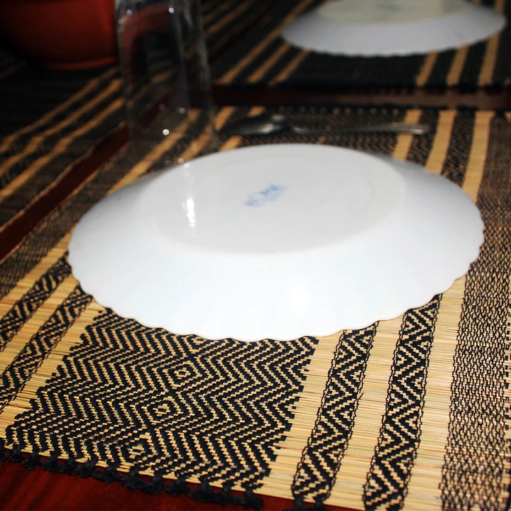 Table Mat with Runner (Madur) : Designed with Knotted Open Edge & Weaved with Black String