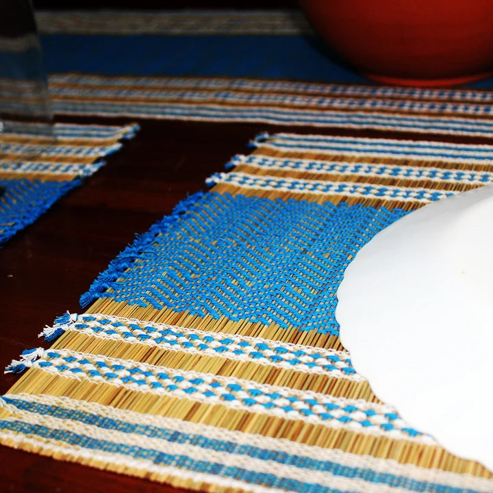 Table Mat with Runner (Madur) : Designed with Knotted Open Edge & Weaved with Blue String