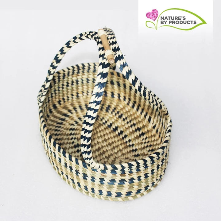 Sabai Grass Multi Utility Basket with Handle : Blue and White stripes design