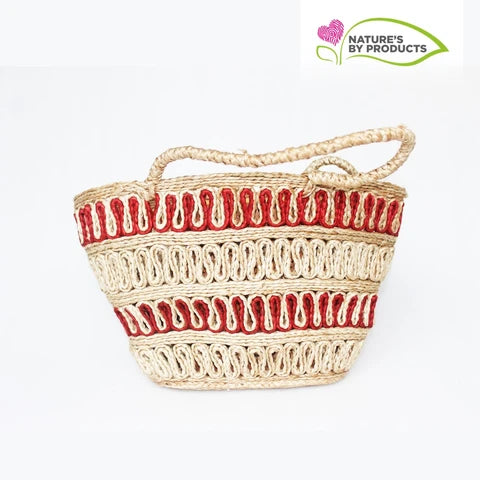 Handwoven Jute Totte Bag : Red and Biege Stripes Design : Size 18 x12 inches