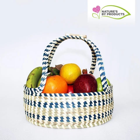 Sabai Grass Multi Utility Basket with Handle : Blue and White stripes design