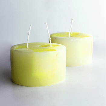 SHORT PILLAR (Green Tint + Cubes) Candle Set of 2 with 2 Burning Plates