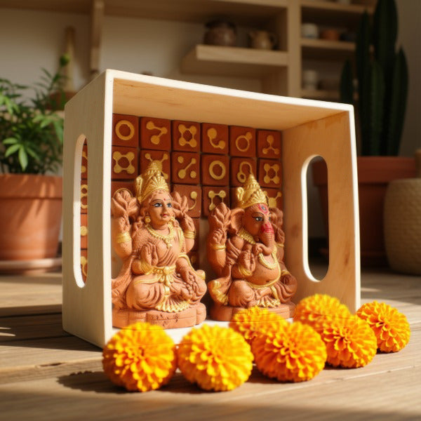 Laxmi & Ganapati (S1) Terracotta Idol with Wooden Frame