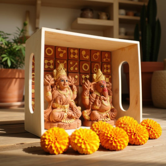 Laxmi & Ganapati (S1) Terracotta Idol with Wooden Frame