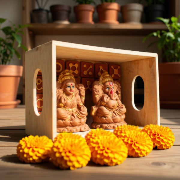 Laxmi & Ganapati Terracotta Idol with Wooden Frame