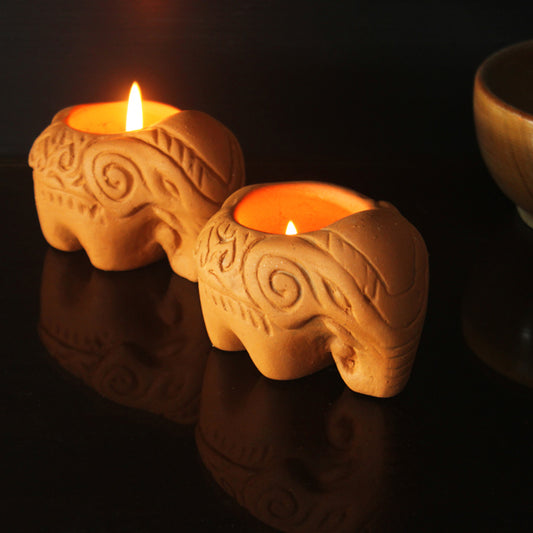 Elephant Shaped Handcrafted Terracotta Tealight Candle Holder – Set of 6