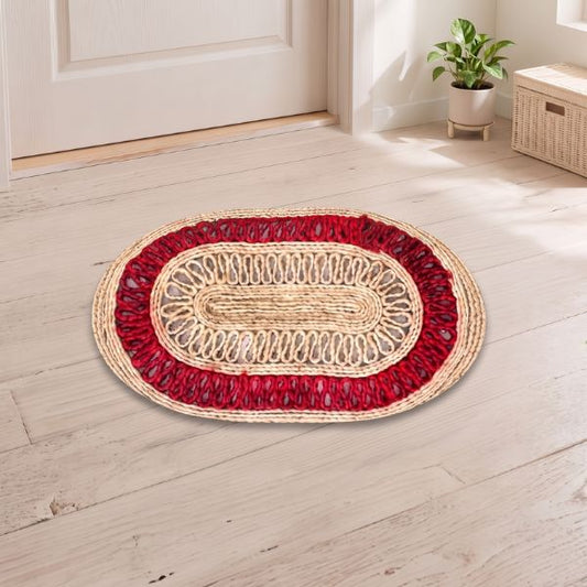 Handwoven Jute Door Mat in Red and Biege Jute Fibers Oblong Shaped 20x 13.5 Inch