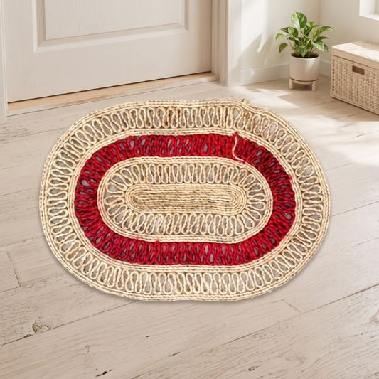 Handwoven Jute Door Mat in Red and Biege Jute Fibers Oblong Shaped 20x 13.5 Inch