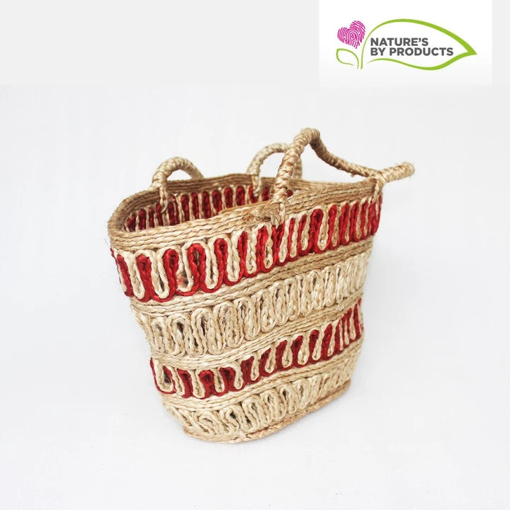 Handwoven Jute Totte Bag : Red and Biege Stripes Design : Size 18 x12 inches