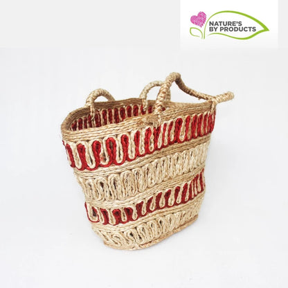 Handwoven Jute Totte Bag : Red and Biege Stripes Design : Size 18 x12 inches