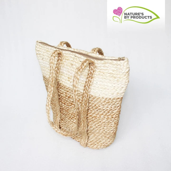 Handwoven Jute Totte Bag : Biege and White Colour Jute