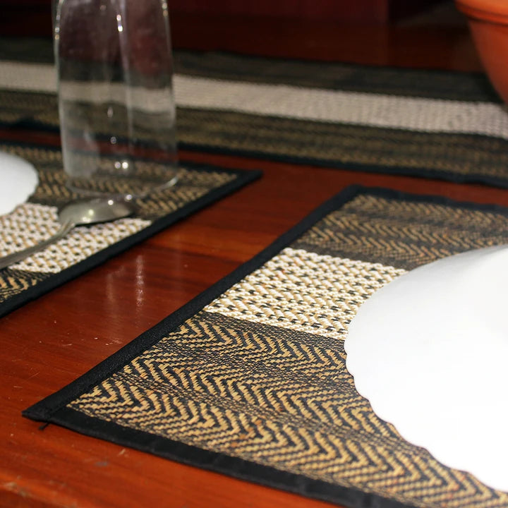 Table Mat with Runner (Madur) : Weaved with Black String, Covered Edges with Black Fabrics Stitched