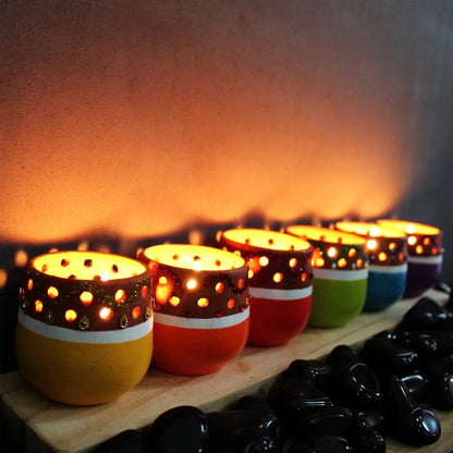 Mini Multicolour Terracotta Tea Light Holders Set of 6 with Free Candles