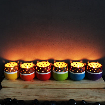 Mini Multicolour Terracotta Tea Light Holders Set of 6 with Free Candles