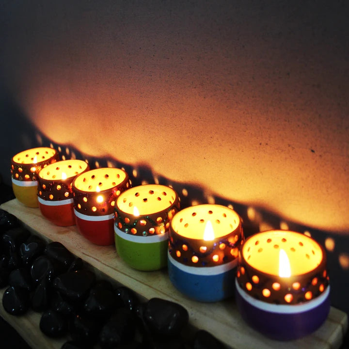 Mini Multicolour Terracotta Tea Light Holders Set of 6 with Free Candles