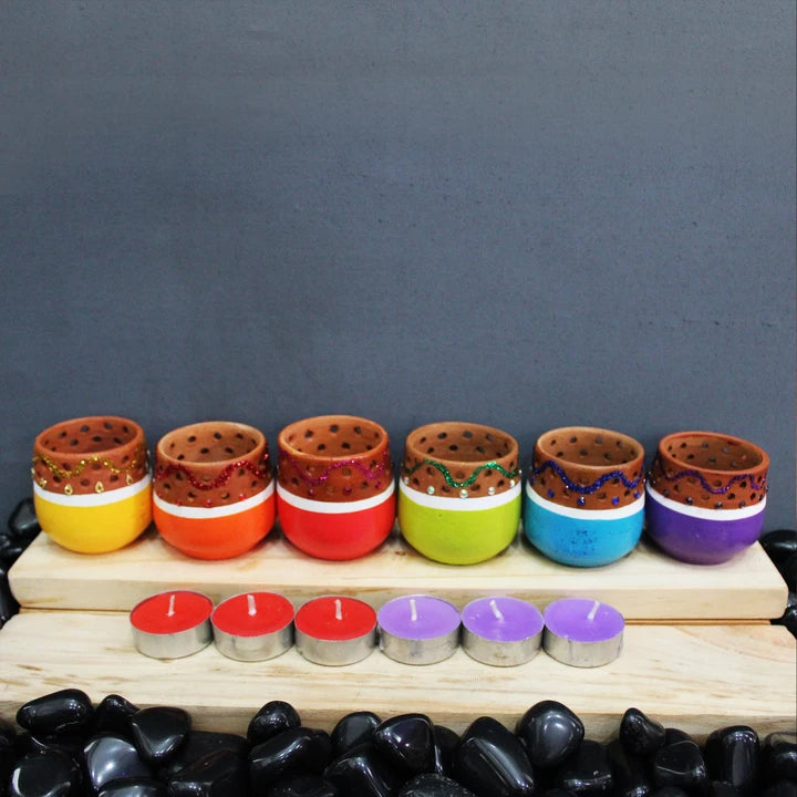 Mini Multicolour Terracotta Tea Light Holders Set of 6 with Free Candles