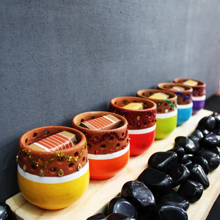 Mini Multicolour Terracotta Tea Light Holders Set of 6 with Free Candles
