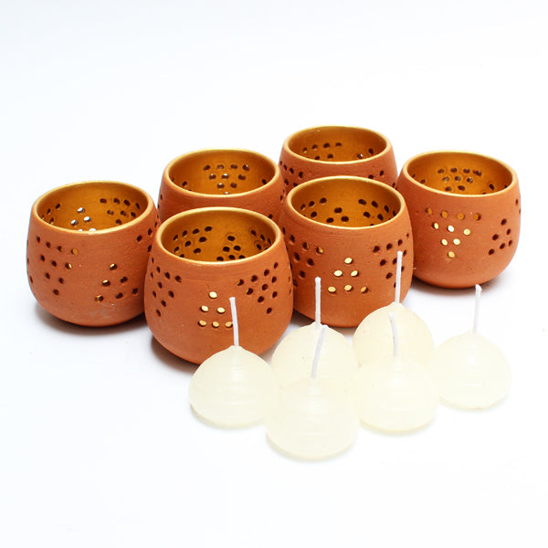 Mini Terracotta Tea Light Holders Set of 6 + 6 HD Candles Free