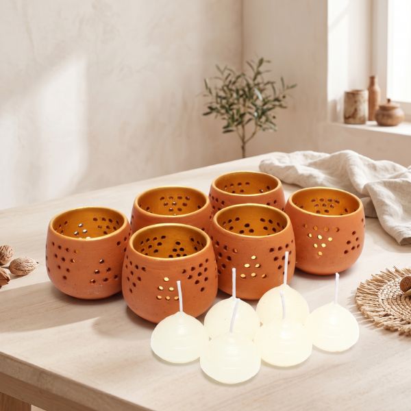 MINI Natural Tea Light Holders Set of 6 (Natural Terracotta Outer with Golden Inner)
