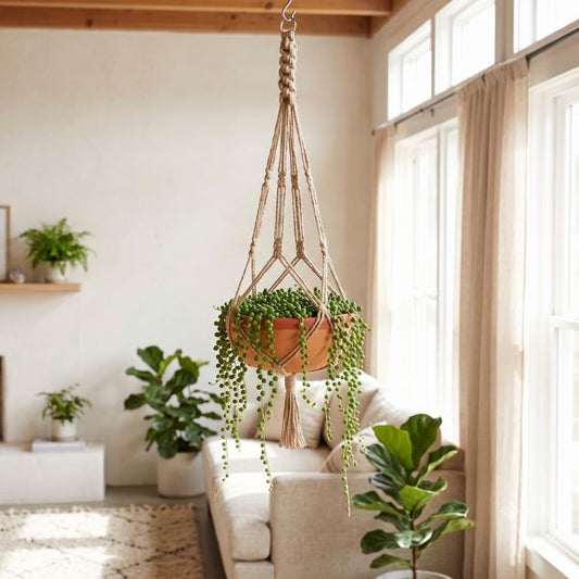 SHALLOW Terracotta Planter with Jute Macrame Hanger