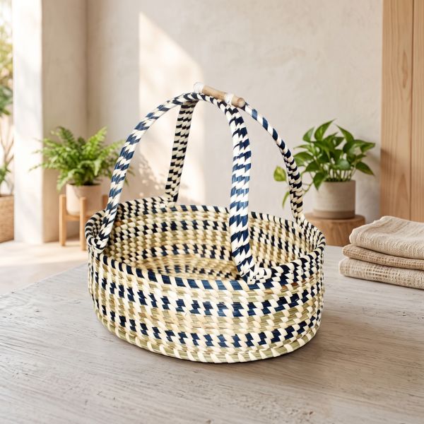 Sabai Grass Multi Utility Basket with Handle : Blue and White stripes design