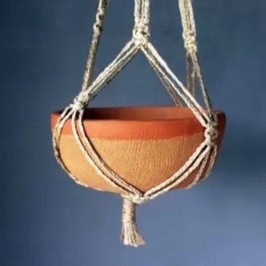 Shallow Terracotta Planter with Jute Macrame Hanger