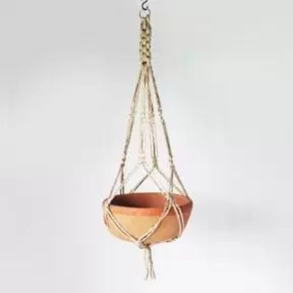 Shallow Terracotta Planter with Jute Macrame Hanger