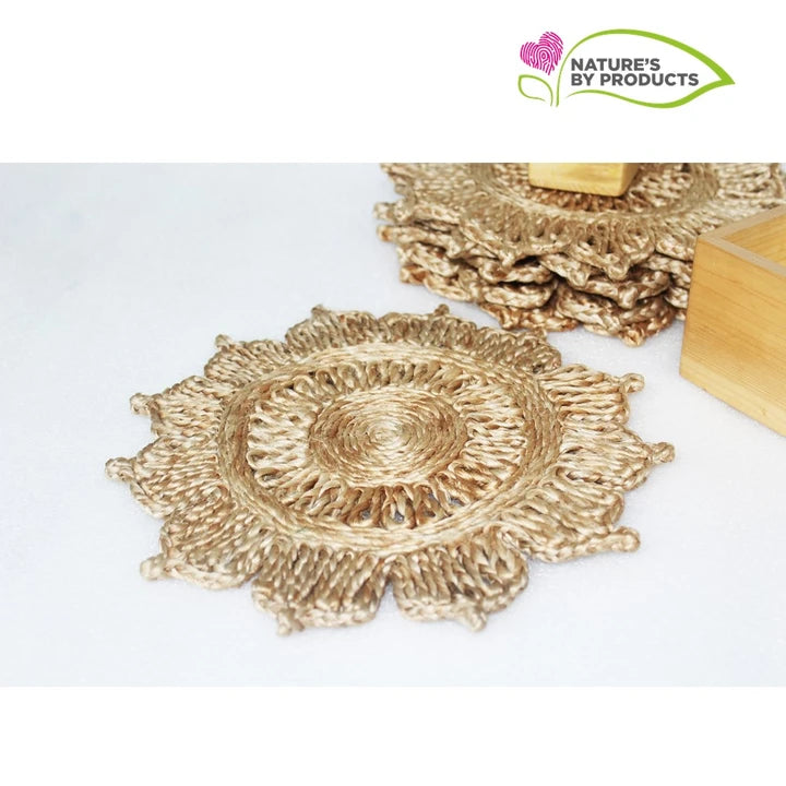 Handwoven Jute Table Mat Floral Design Set of 6 (10.5 inch)
