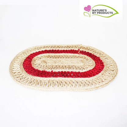 Handwoven Jute Door Mat in Red and Biege Jute Fibers Oblong Shaped 20x 13.5 Inch
