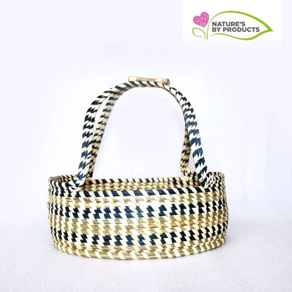 Sabai Grass Multi Utility Basket with Handle : Blue and White stripes design
