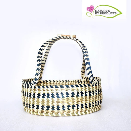 Sabai Grass Multi Utility Basket with Handle : Blue and White stripes design