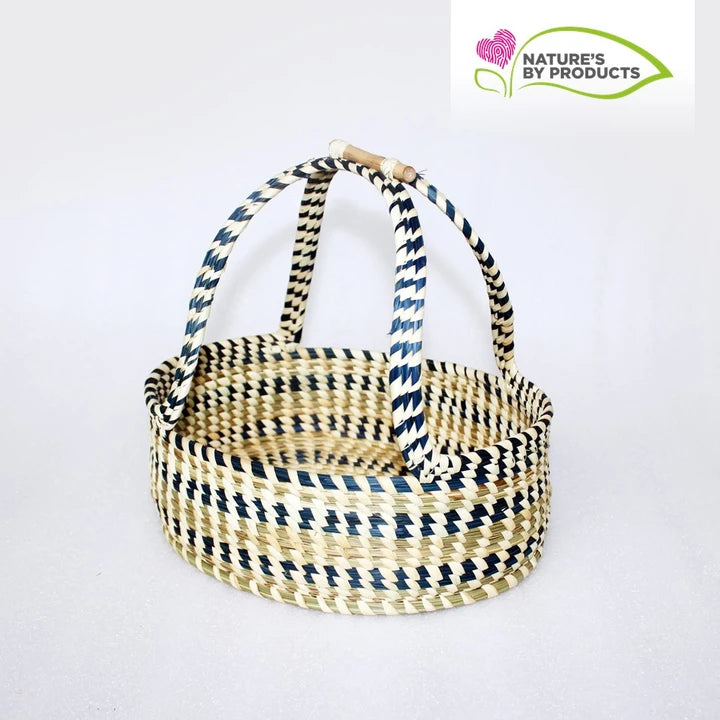 Sabai Grass Multi Utility Basket with Handle : Blue and White stripes design