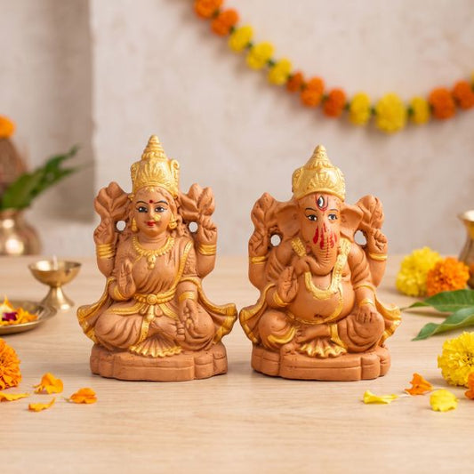 Small (S) Laxmi & Ganapati Terracotta Idol Pair