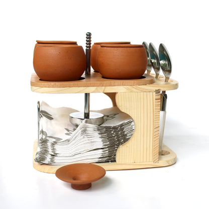 Wooden Dining Table Organizer with Terracotta Pots