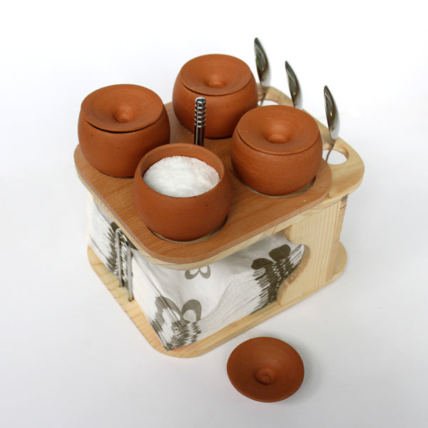 Wooden Dining Table Organizer with Terracotta Pots