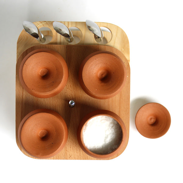 Wooden Dining Table Organizer with Terracotta Pots