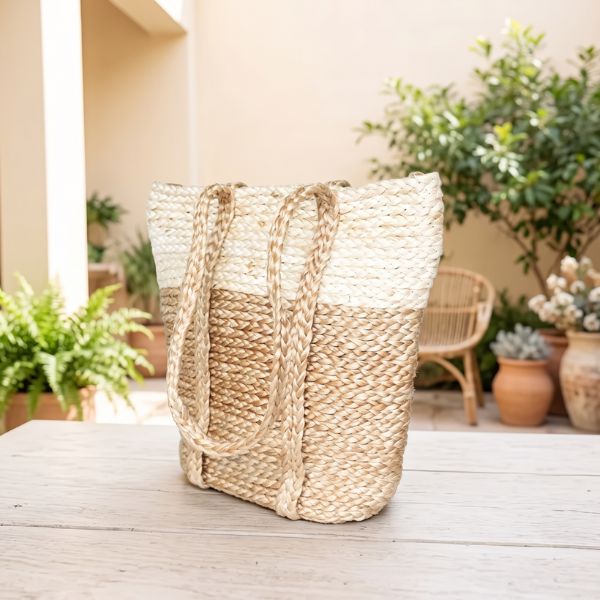 White and Biege Stripes Handwoven Jute Tote Bag